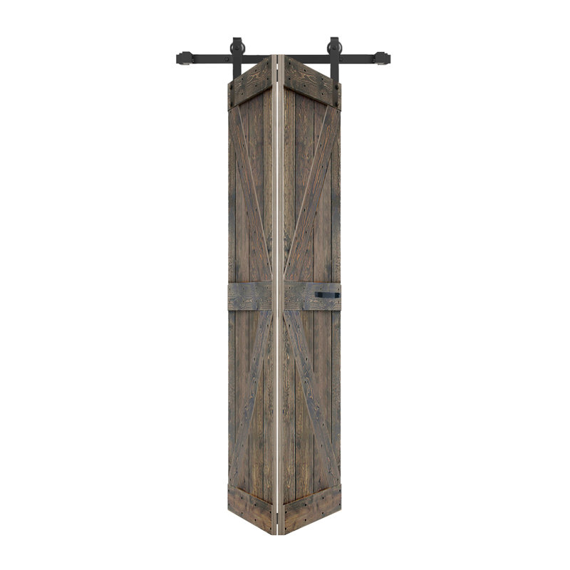 Porte de grange pliante en bois massif de style K avec trousse de quincaillerie - assemblage requis, Gris fumé, 24 po x 80 po