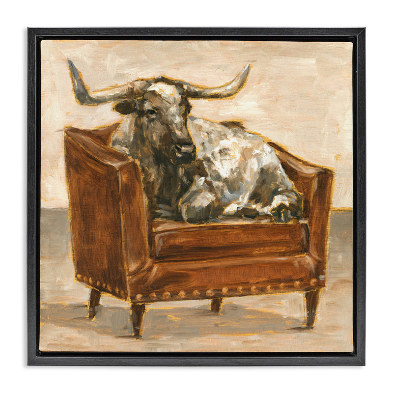 «Brown Bull Resting in Chair», peinture encadrée sur toile flottante par Ethan Harper, Cadre flottant noir de jais