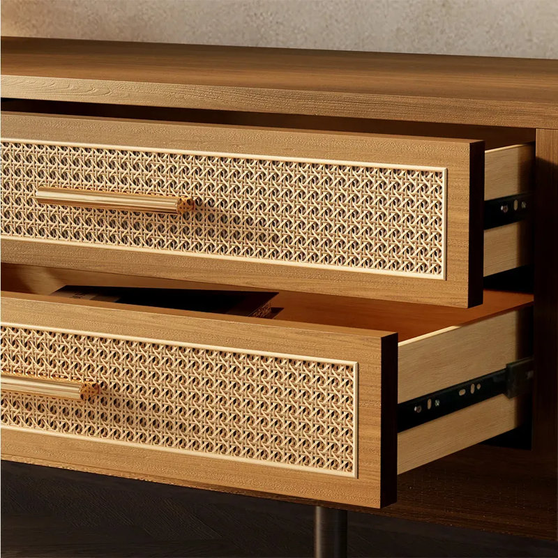 Meuble télé Mid-Century moderne en rotin tissé, entièrement assemblé, H 19,88 po x L 78,74 po x l 15,75 po