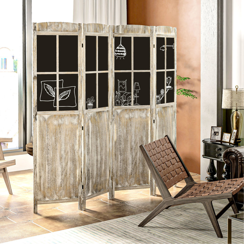 Cloison d'intimité de 5,6 pi de hauteur, 4 panneaux avec planches noires, cloison pliante en bois portable pour le bureau personnel, divertissement