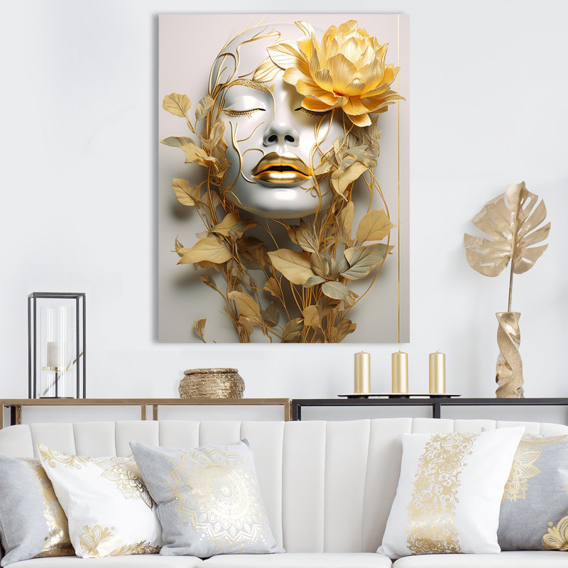 Portrait de femme blanche et dorée avec feuilles II - Fashion Woman, reproduction sur toile, Toile tendue