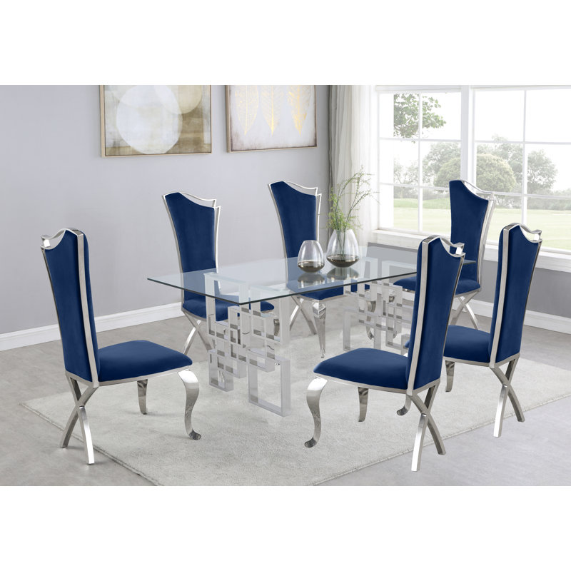 6 - Person Glass Top Double Pedestal Dining Set, Navy