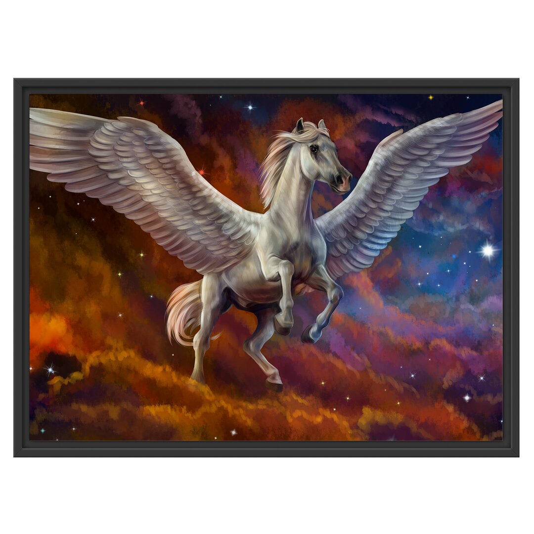 Gerahmtes Wandbild Weißer Pegasus mit Engelsflügel