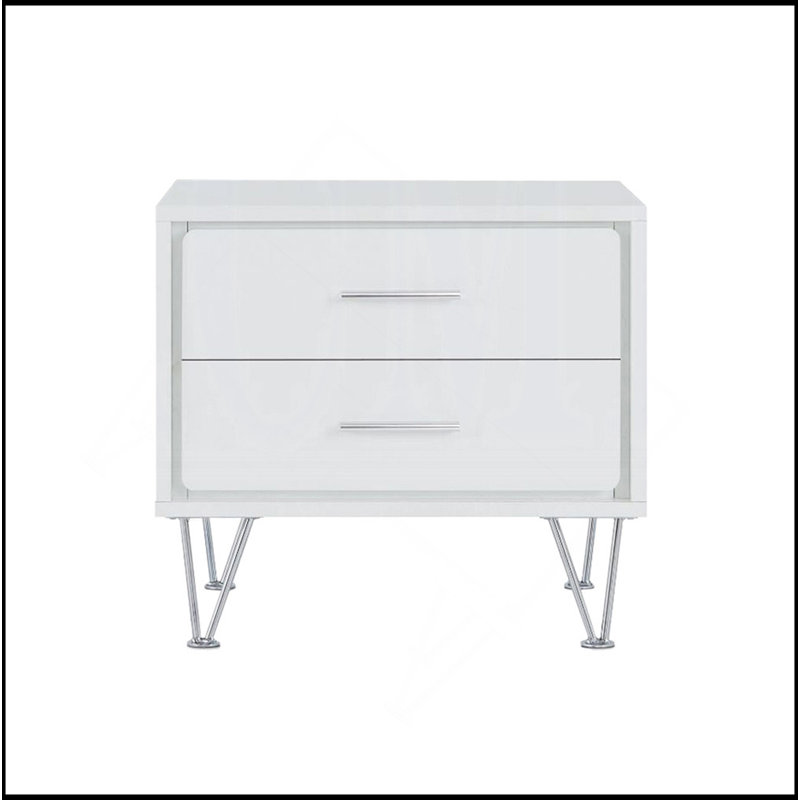 Table de chevet 2 tiroirs avec pieds en métal, Chrome/blanc