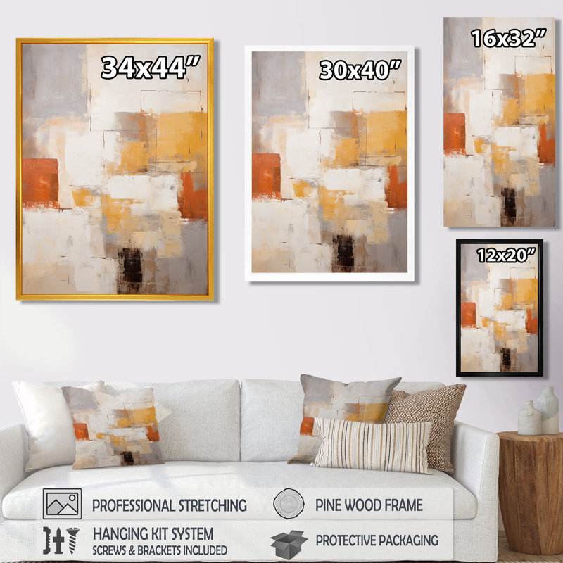 Serenity Deconstructed Cubist Orange - Abstract Wall Art, Gold Floater Framed Canvas, 40" H x 30" W x 1.5" D