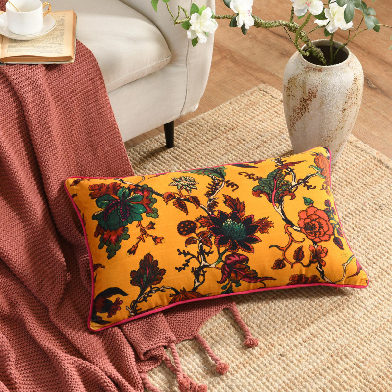 Floral Cotton Throw Pillow, Yellow