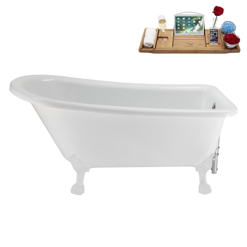 58" Streamlin Clawfoot Tub,Tray,Drain, Clawfeet, Glossy White, Polished Chrome