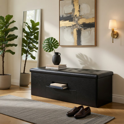 Banc de rangement avec repose-pieds de 43 po avec repose-pieds et tabouret de chevet en cuir synthétique avec rangement organisé de 38 gallons, brun / noir / gris / blanc