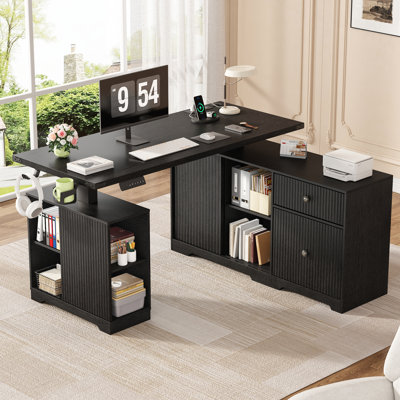 55" W L-Shaped Lift Desk, Height Adjustable Standing Desk With Storage Drawers, Reeded Standing Computer Desks With Power Outlets For Home Office