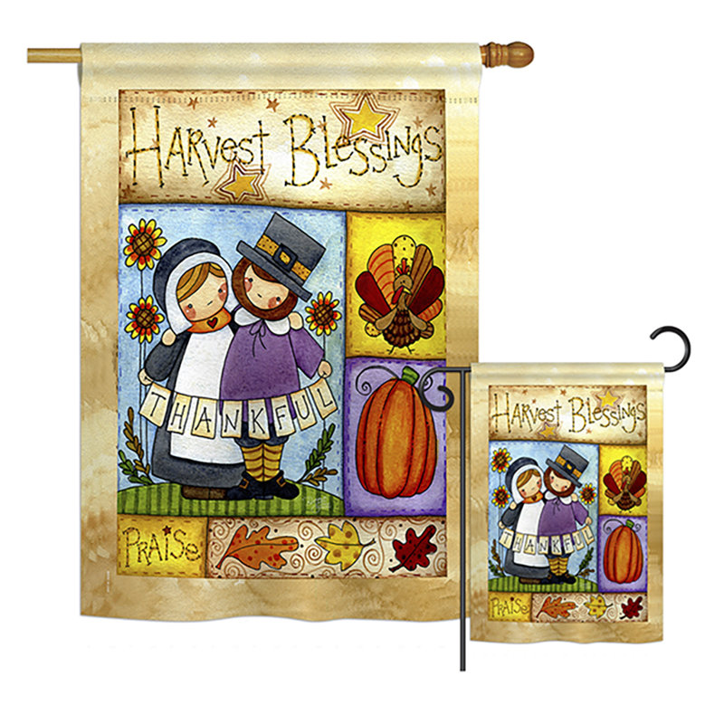 Ensemble de 2 drapeaux en polyester 2 côtés, heureusement pilgrims automne thanksgiving