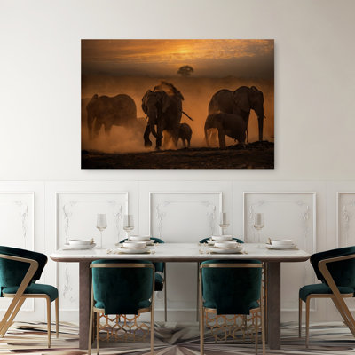 Golden Hour Elephant Family Abstract Contemporary Landscape Nature Wall Art