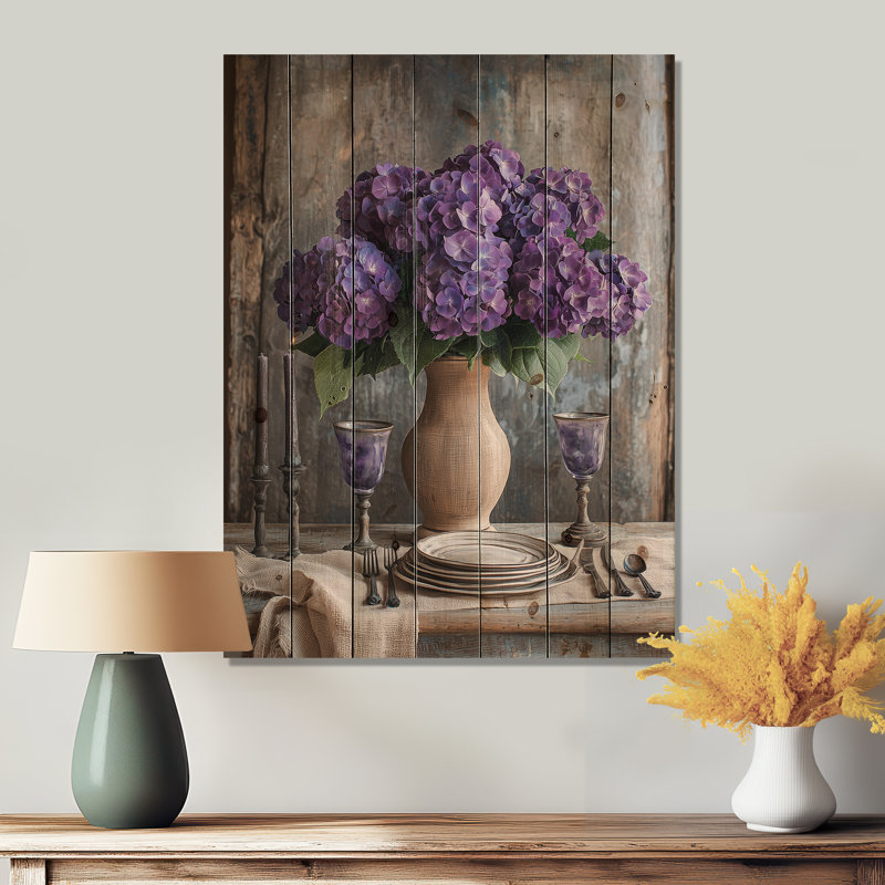 Bouquet d'hortensias à la ferme, table III - décoration murale en bois d'hortensias - sur bois de pin naturel