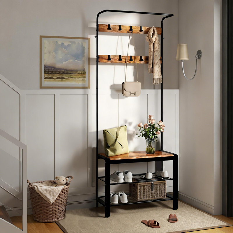 4-In-1 Entryway Hall Tree With 10 Hooks, 28.3'' Wide Coat Rack With Bench and Shoe Storage, Brown