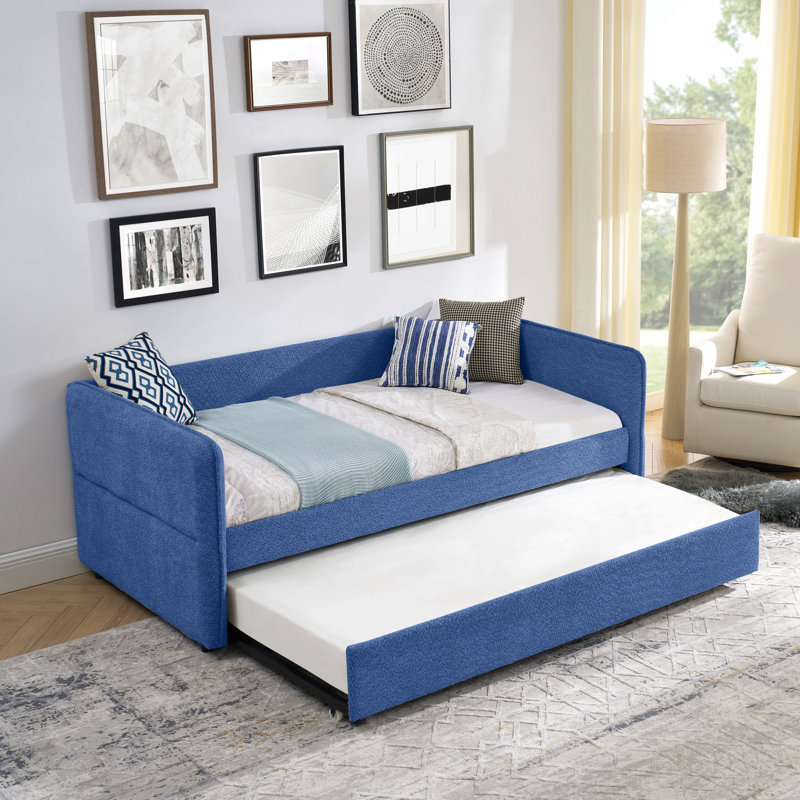 Lit de jour avec canapé-lit tapissier capitonné Popup, taille simple, tissu Boucle, Bleu