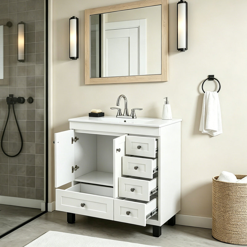 30" Modern White Free Standing Single Bathroom Vanity With Ceramic  Top And Storage, White 