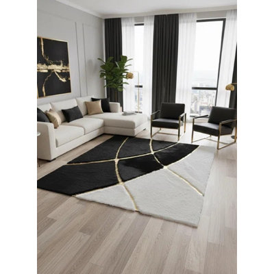 Elegant Black White Plush Area Rug with Gold Geometric Art Deco - Soft Luxury Living Room Carpet