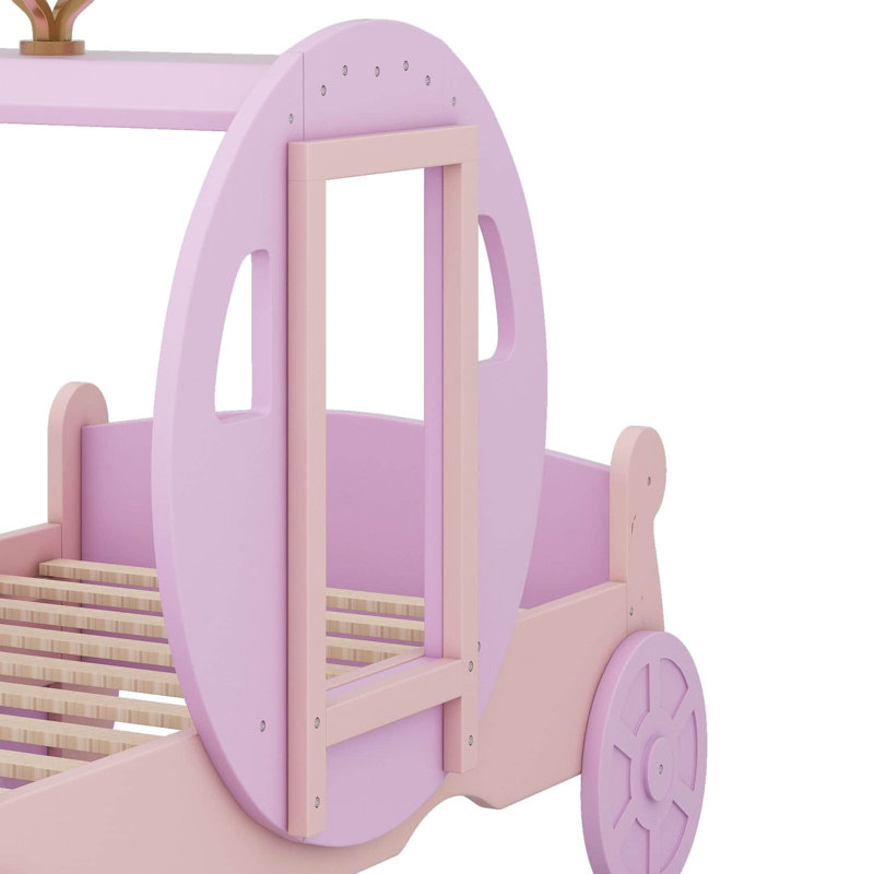Lit de transport de lit simple en bois avec couronne et lit plateforme avec escalier, Mauve / Rose