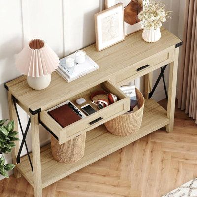 Table basse Farmhouse - Console avec tiroirs en rotin, table d'entrée avec rangement