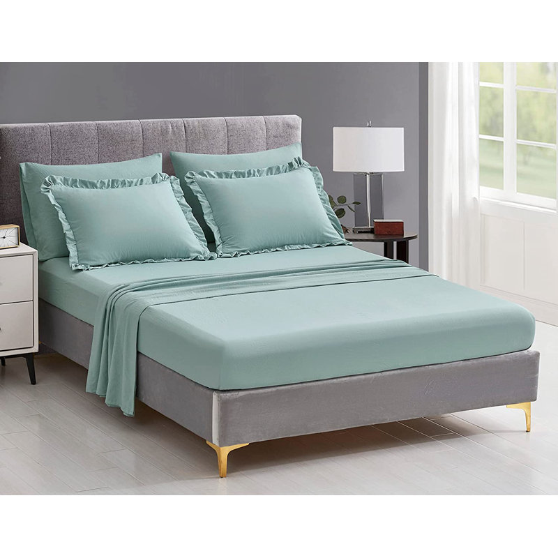 Ruffled Edge Microfiber Bed in a Bag Comforter Set, Aqua, King Comforter + 6 Additional Pieces