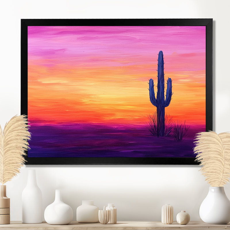 «Minimal Cactus Sunset Horizon I», impression murale de cactus floral, H 12 po x l 20 po, Noir