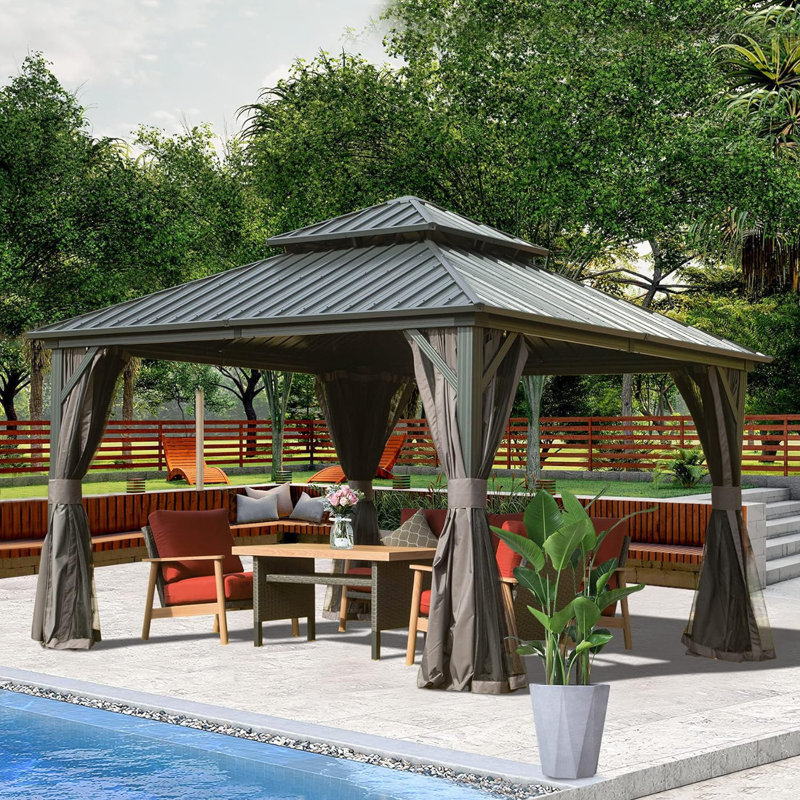 Galvanized Steel Patio Gazebo with Overhang Slope-design Double Roof, 14 ft x 12 ft, Brown
