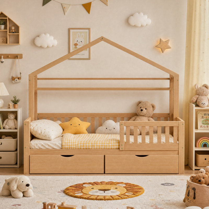 Cadre de lit simple pour enfants avec tiroirs de rangement et garde-corps latéraux, Lit simple, Naturel