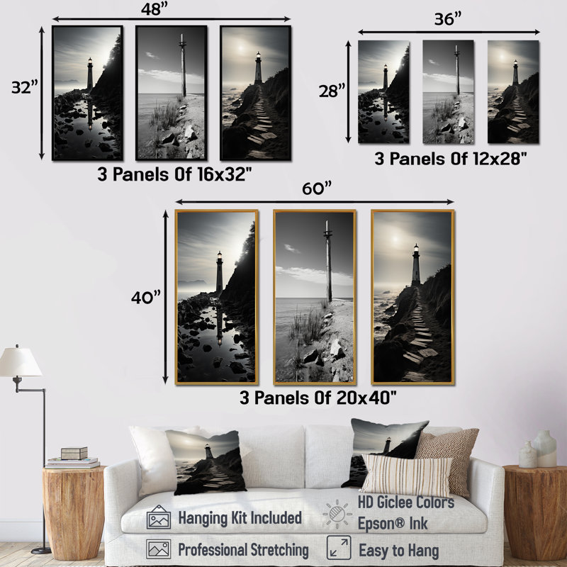 Phare, paysage d'imitation, ensemble d'art mural sur toile, 3 phares, Cadre flottant doré, H 32 po x l 48 po