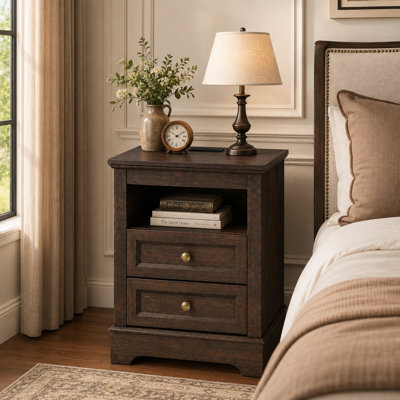Farmhouse Nightstand with Charging Station, Side Table for Bedroom, Living Room -Brwon (Set of 1)