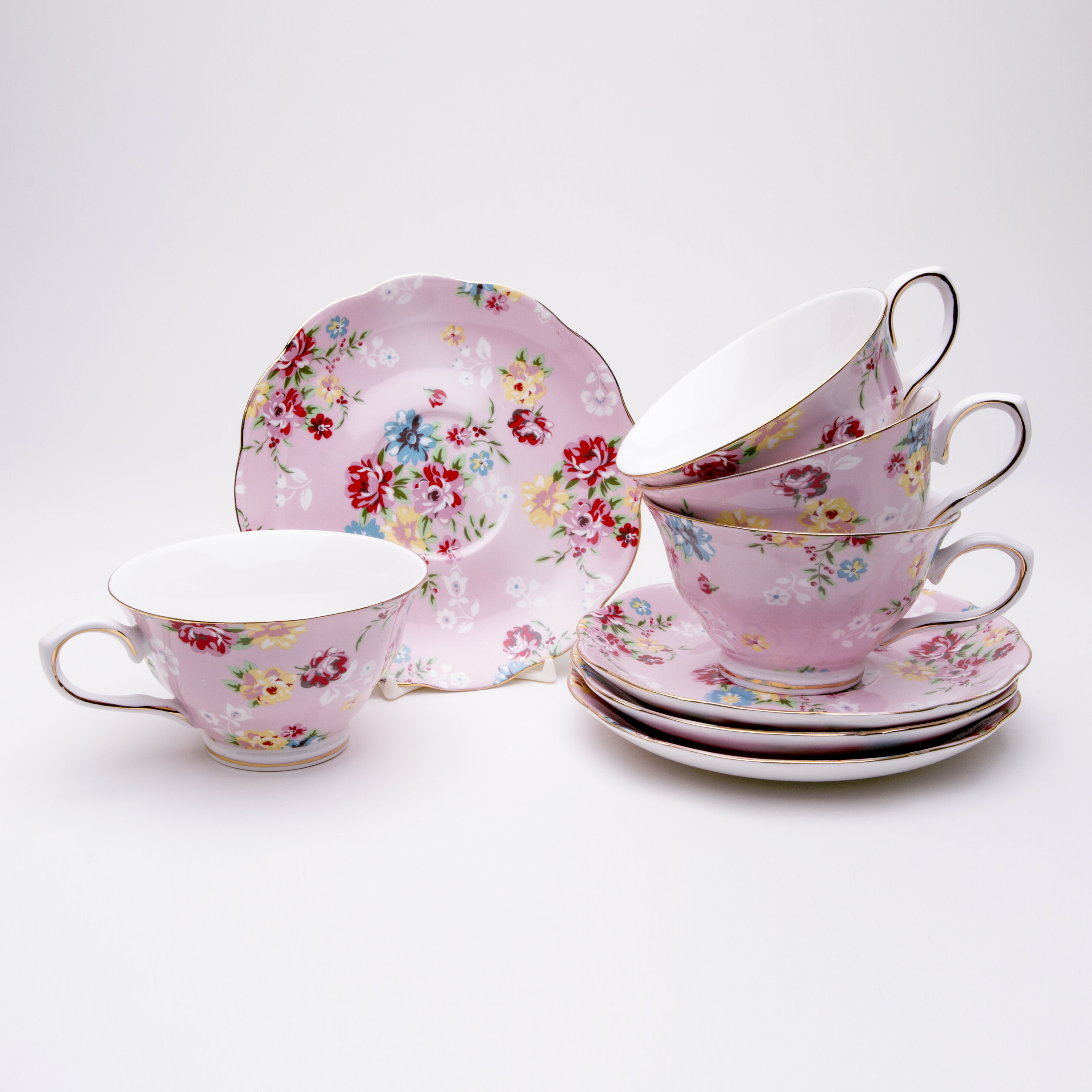 SET Vintage Electric Tea Pot Kettle Ceramic Pink Rose Tea Set 6 Cups 4  Saucers