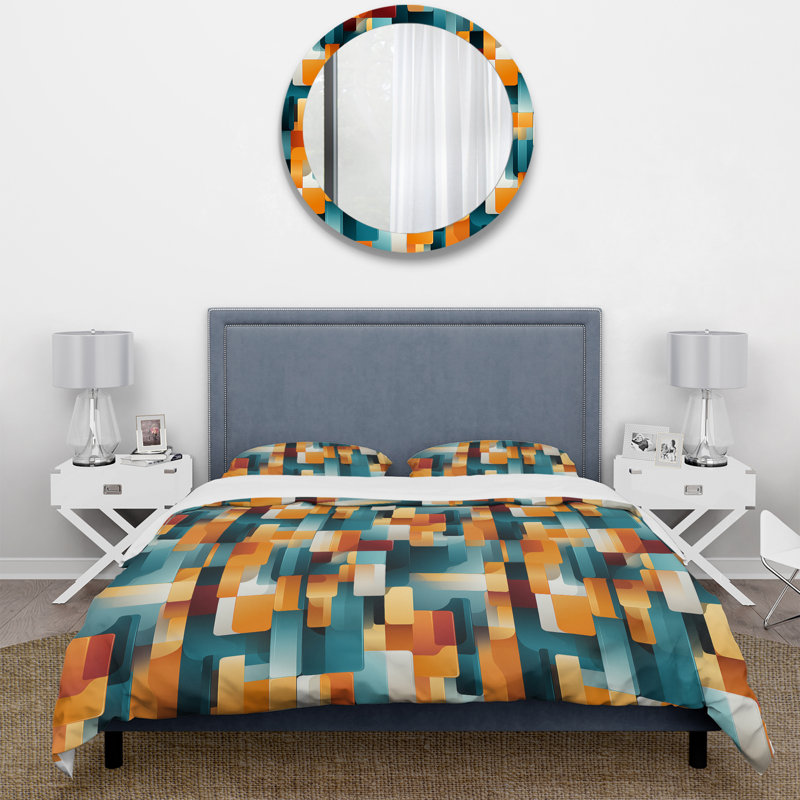 Orange And Teal Popart Pop Culture Pixels - Ensemble de housse de couette rayé
