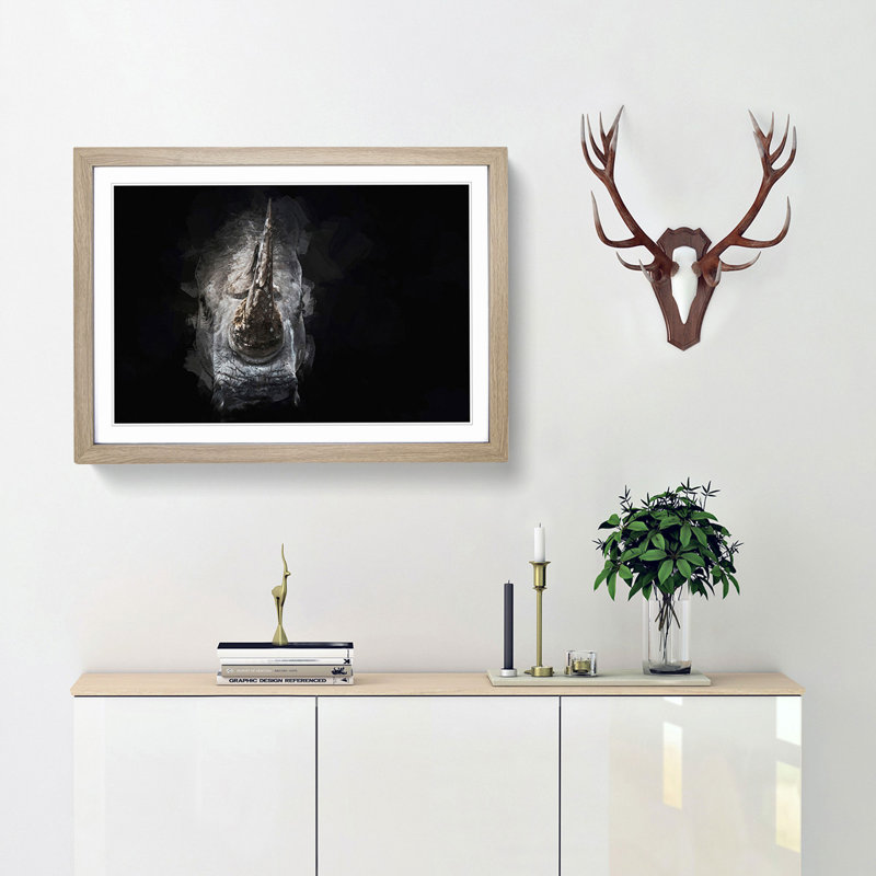 Rhino in the Shadows in Abstract - Picture Frame Graphic Art Print, 27cm H x 36cm W x 2cm D, Oak Framed