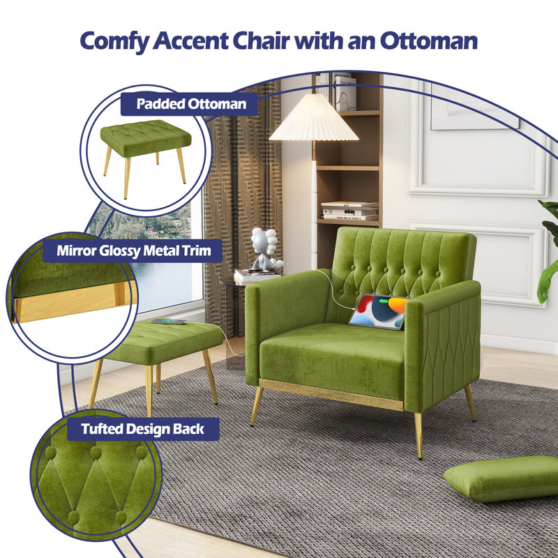 Velvet Armchair with Footstool, Green