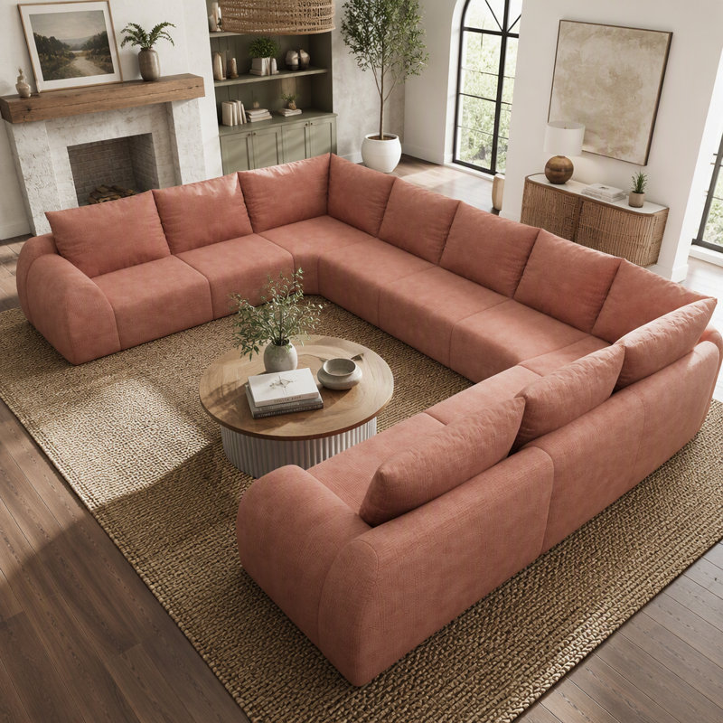 Canapé d'angle modulaire en forme de U, 9 places, 412 cm (161,9 pouces), chenille rose, comprimé sous vide, pour salon