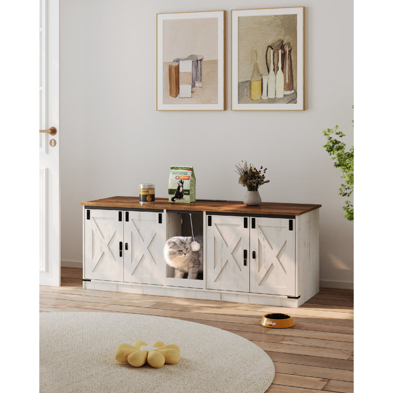 Cat Litter Box Enclosure for 2 Cats, Hidden Litter Box Furniture Cabinet with Double Room, Indoor Cats House with USB Ports & Power Outlets, Farmhouse Style, Rustic Brown and White