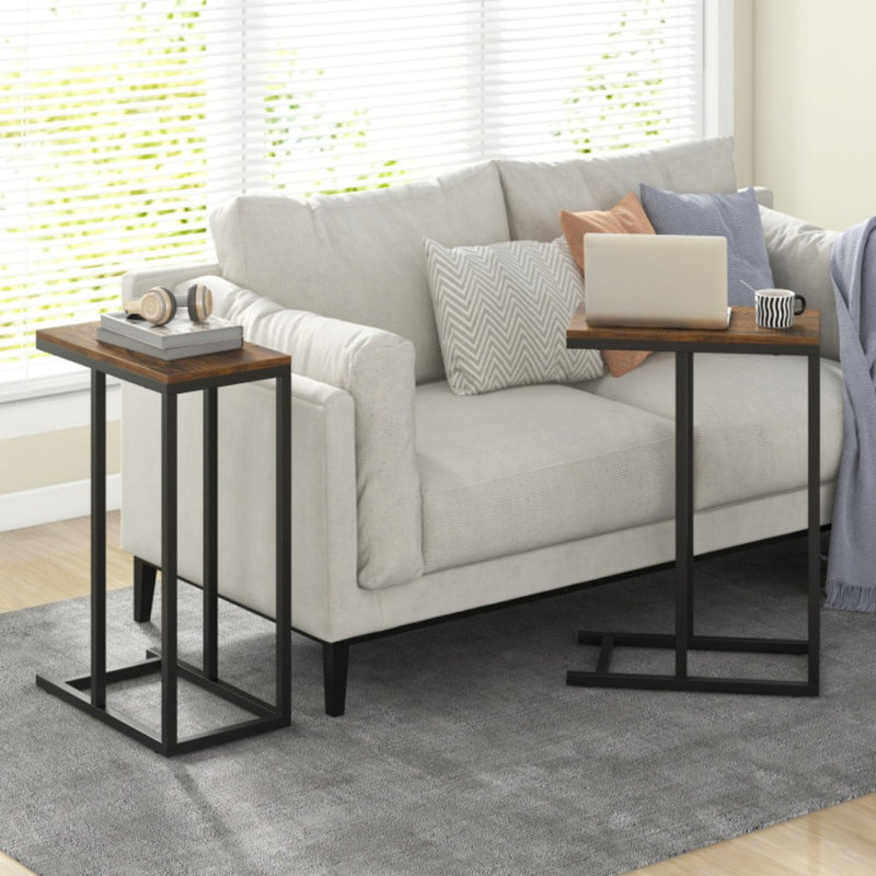 Table d'appoint en forme de C avec structure en métal robuste, Brun rustique