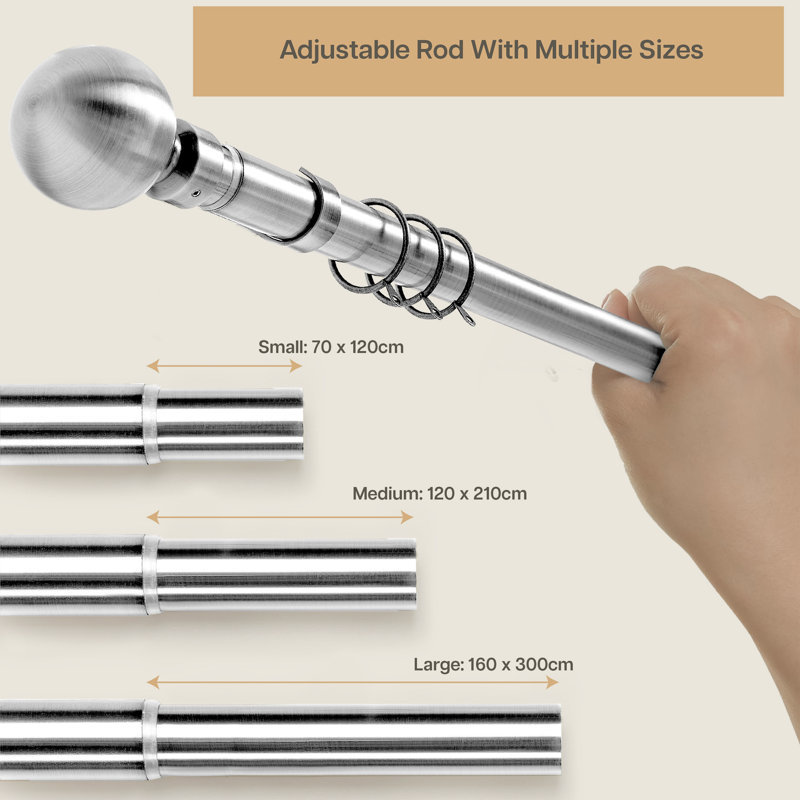 Almera Adjustable Curtain Pole/Rod Long-lasting Set for living room, bedroom, kitchen, 70cm - 120cm, Brushed Silver
