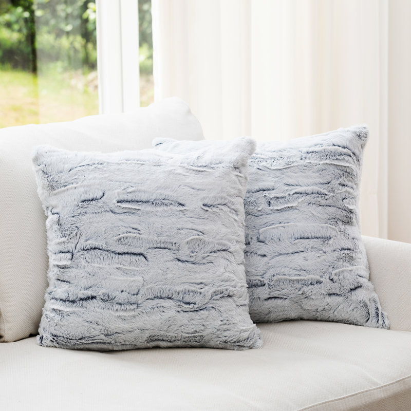 Blue and White Faux Fur Square Throw Pillows Set