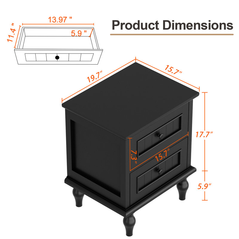 2 - Drawer 19.7"W Nightstand, Black