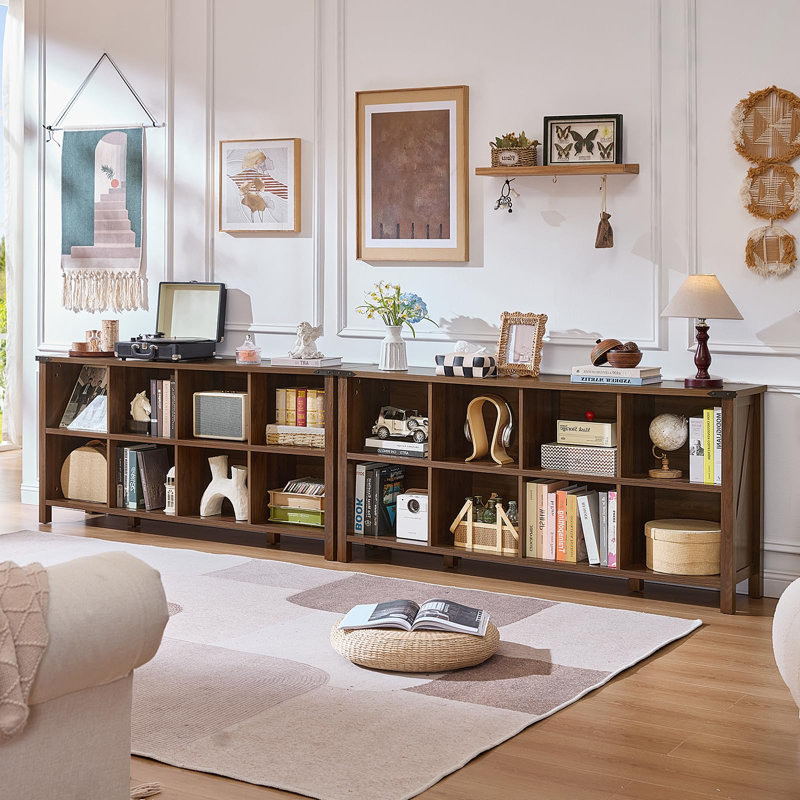 Farmhouse Wood Long Storage Organizer Bookcase, (2 Shelves)  29.7" H x 62" W x 13.6" D, Brown