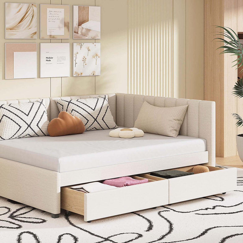 Full Size Upholstered Daybed with 2 Storage Drawers Sofa Bed Frame No Box Spring Needed, Linen Fabric (Beige), Beige