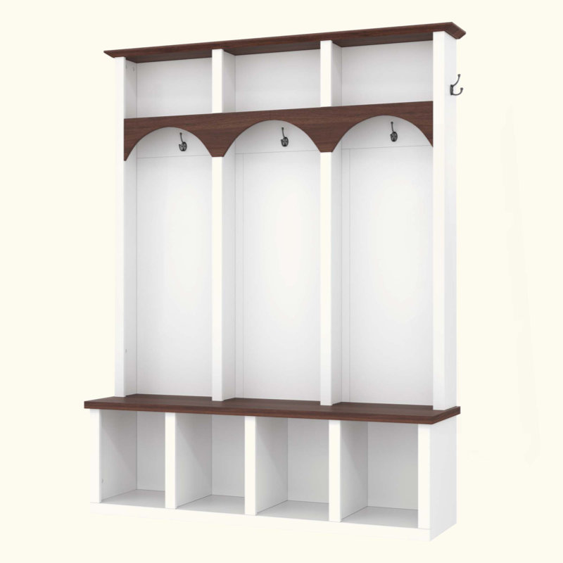 Farmhouse Wooden Style Hall Tree With Arched Design, Practical Entryway Walnut Storage Bench With 5 Black Hooks, Minimalist 4-In-1 Hallway Shoe Cabinet With 7 Cubbies For Mudroom, Living Room, White