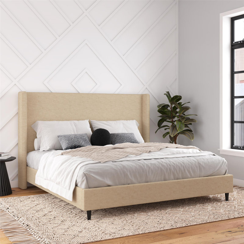 Ana King Upholstered Wingback Bed, Textured Beige Canvas