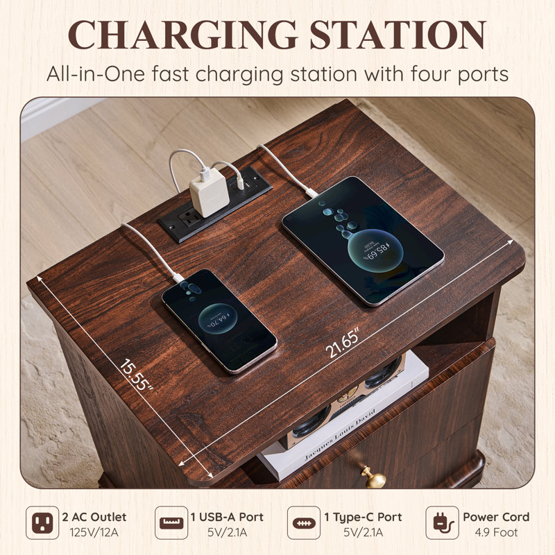 Table de chevet moderne en bois avec station de charge et tablette ouverte Abarca, grande table de chevet de 23,6 po avec 2 tiroirs de rangement, grande cascade de style Mid-Century