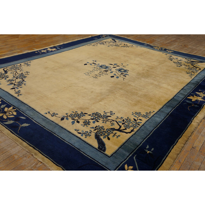 Wool Antique 1920s Blue Ivory Beige Cream White Rectangle Hand Knotted Pile Rug