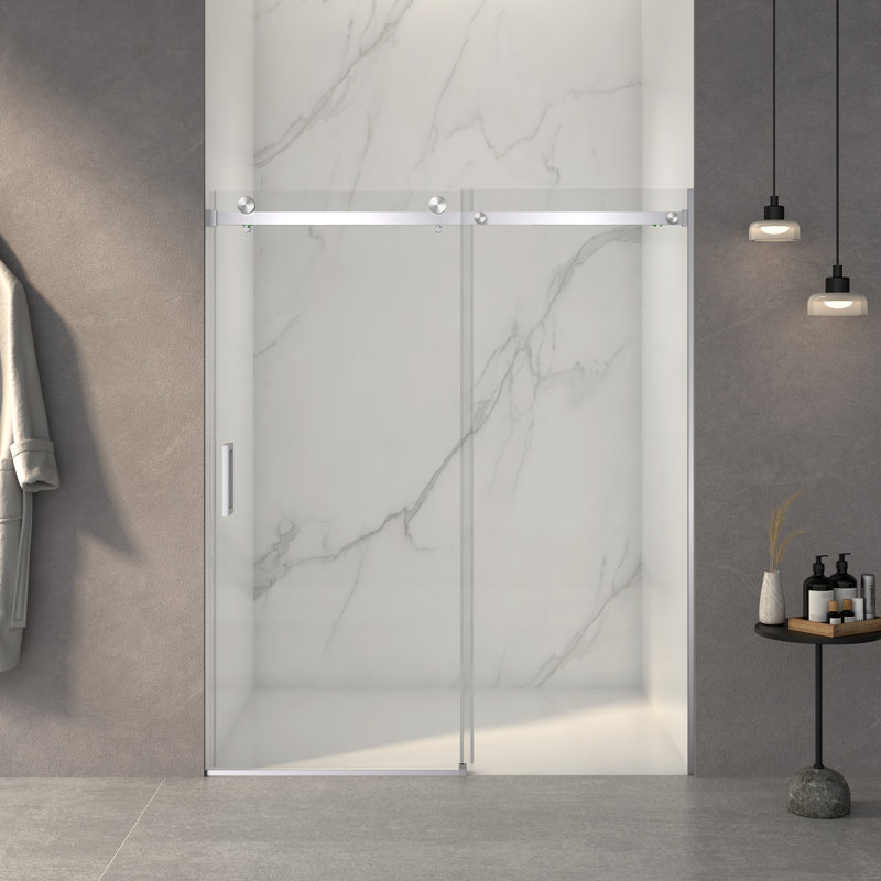 Porte de douche coulissante sans cadre l 56 à 60 po x H 72 po, verre trempé clair de 5/16 po (8 mm), Nickel brossé