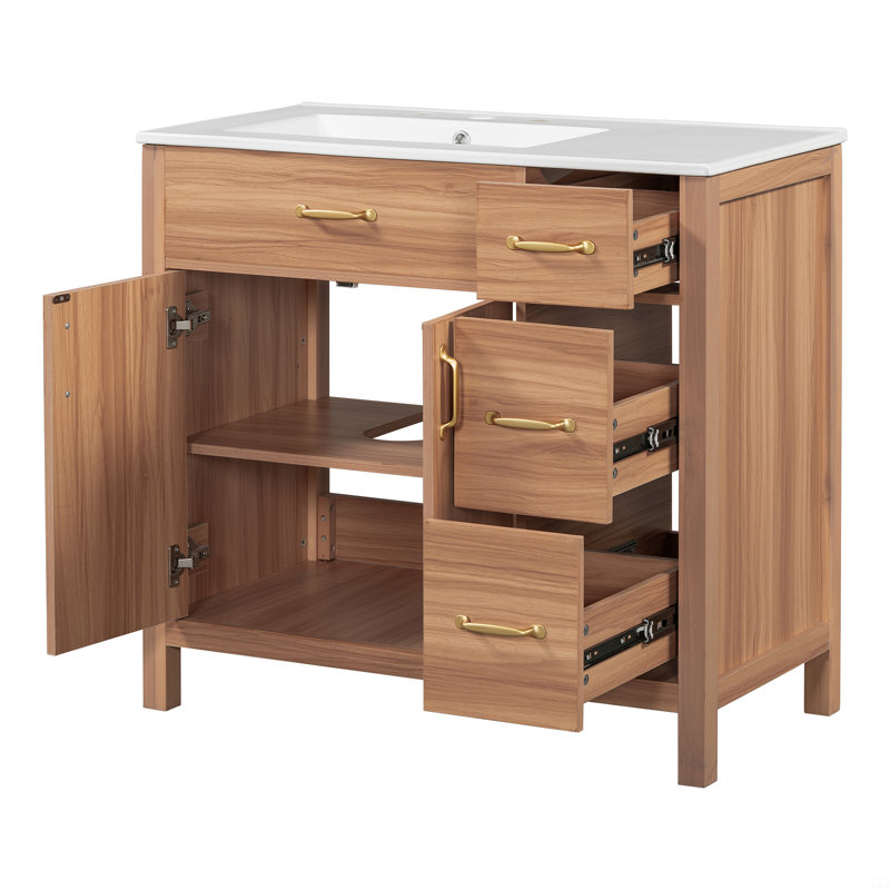 Meuble-lavabo 36 po avec structure en bois massif, 2 portes à fermeture douce, 3 tiroirs à fermeture douce, tablette réglable