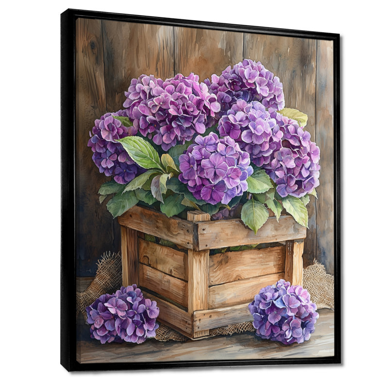 Hydrangées, bouquet dans une caisse en bois I - hydrangées, art sur toile, Noir, Reproduction avec cadre flottant