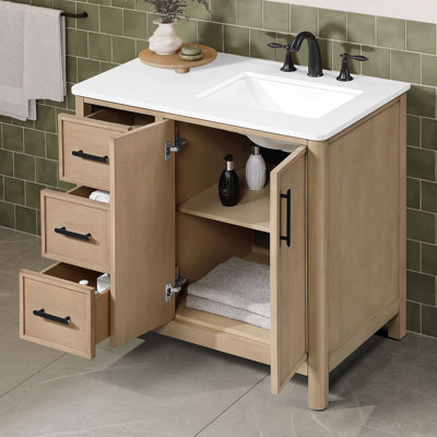 Ensemble de meuble-lavabo autoportant en bouleau Sahara de 36 po avec plateau en pierre reconstituée blanche OVE Solas