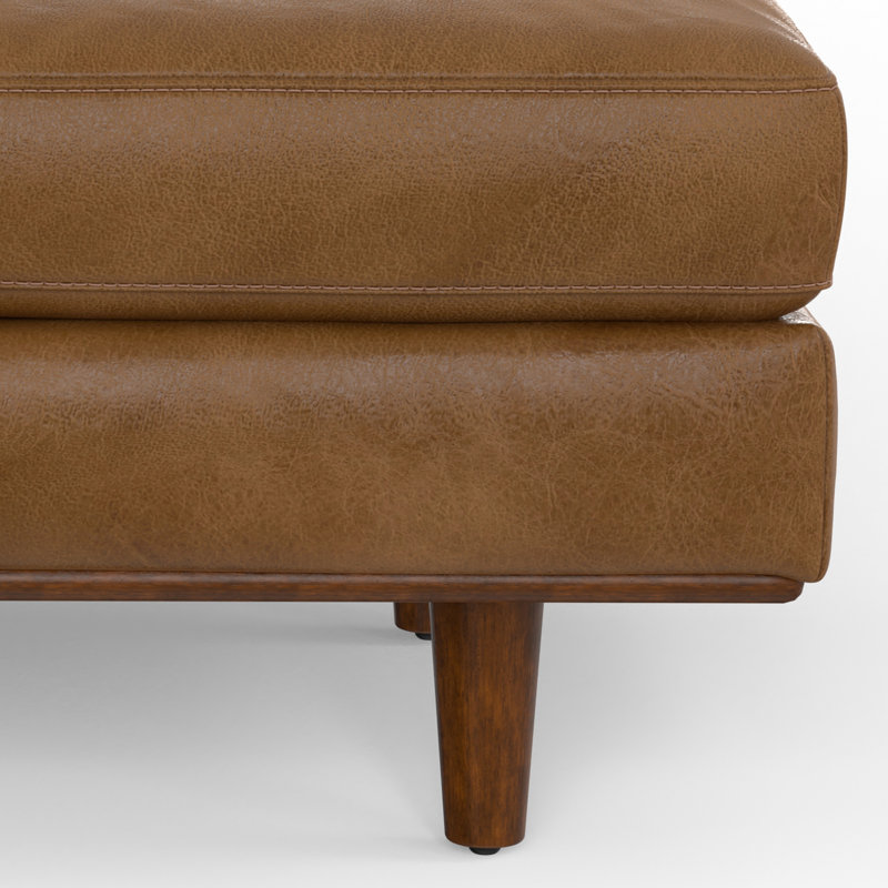 Morrison 33"W Upholstered Ottoman with Solid Wood Legs, Caramel Brown Genuine Leather