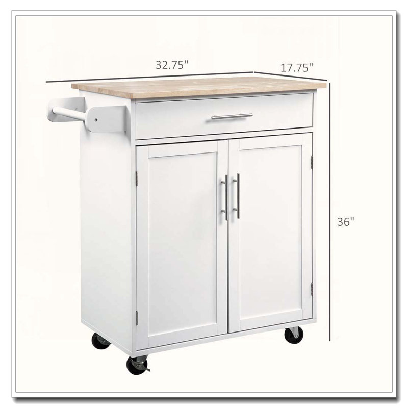 32.75" Rolling Kitchen Island Cart with Drawer and Cabinet, White